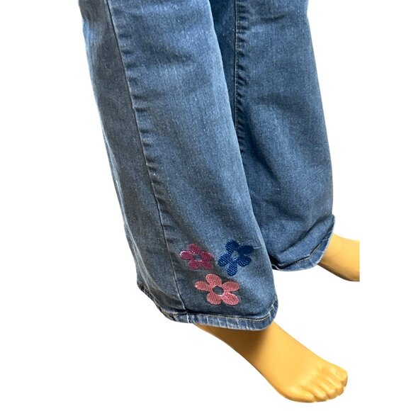 (6 for $25) Flower Power High Rise 70s Style Flare Jeans with Floral Embroidery - Picture 6 of 6